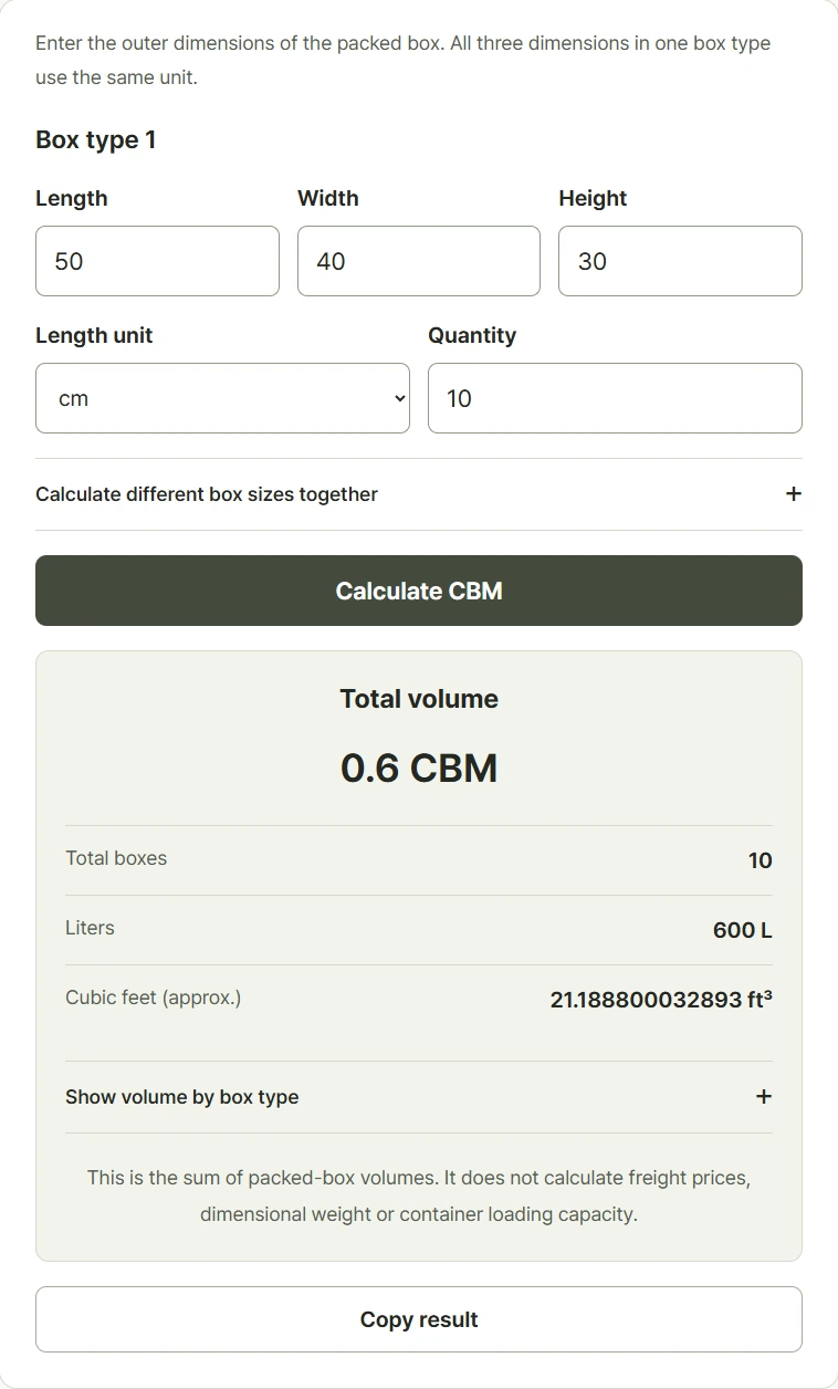 CBM calculator showing ten 50 by 40 by 30 centimeter boxes with a total of 0.6 CBM and 600 liters