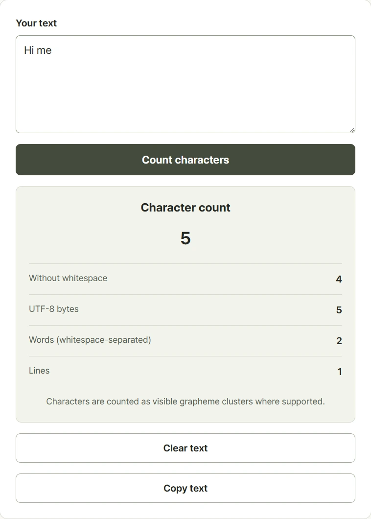 Character counter showing five characters with spaces, four without spaces, and thirteen UTF-8 bytes for sample text