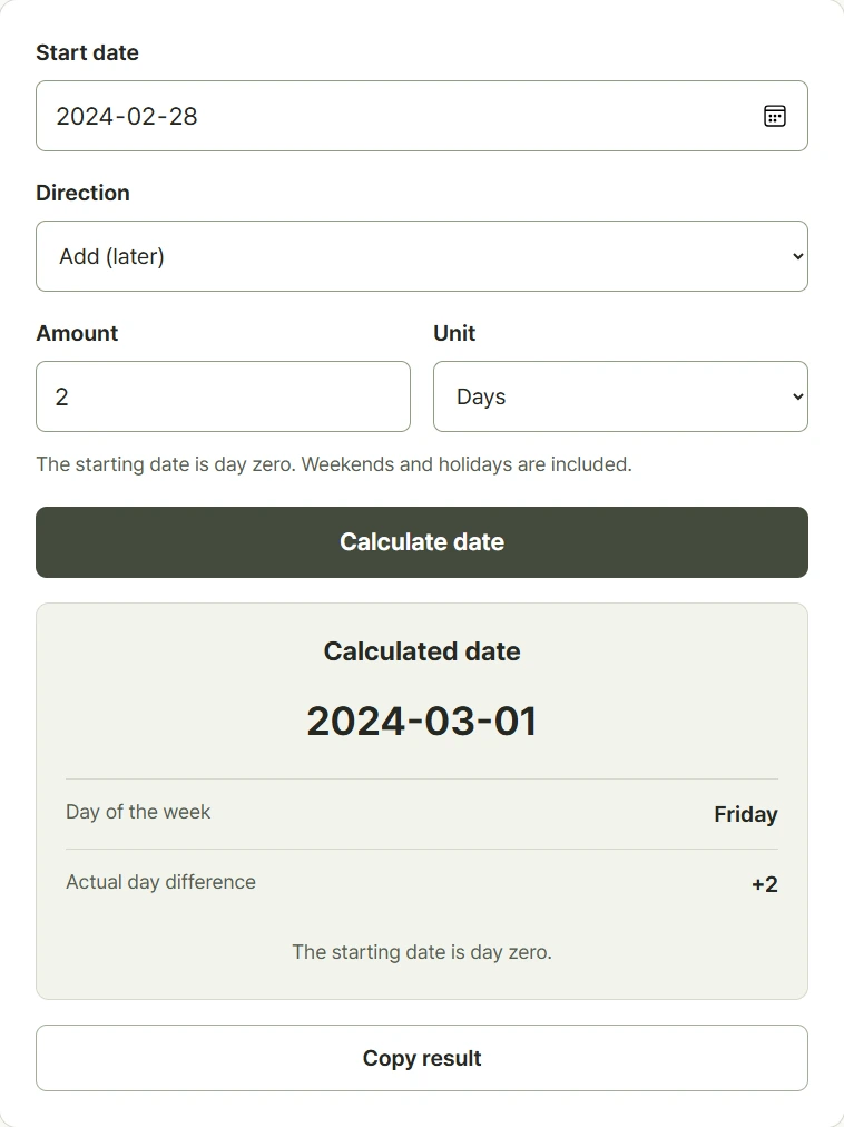 Date addition form with a starting date, duration, unit, and calculated destination date