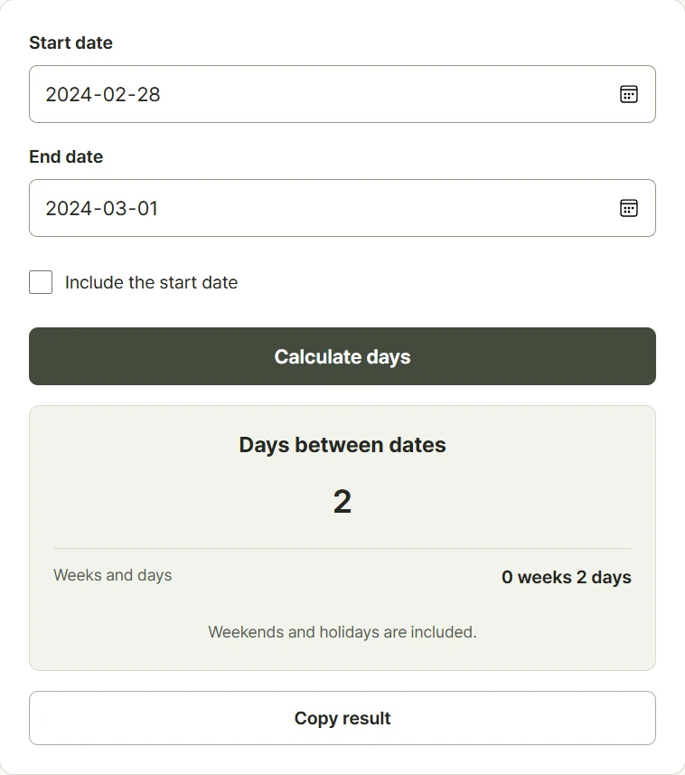 Date difference calculator comparing February 28 and March 1 in leap year 2024