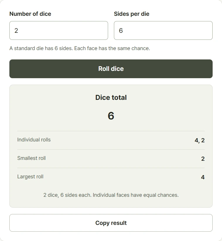 Dice roller with controls for dice count and sides, followed by individual results and their total