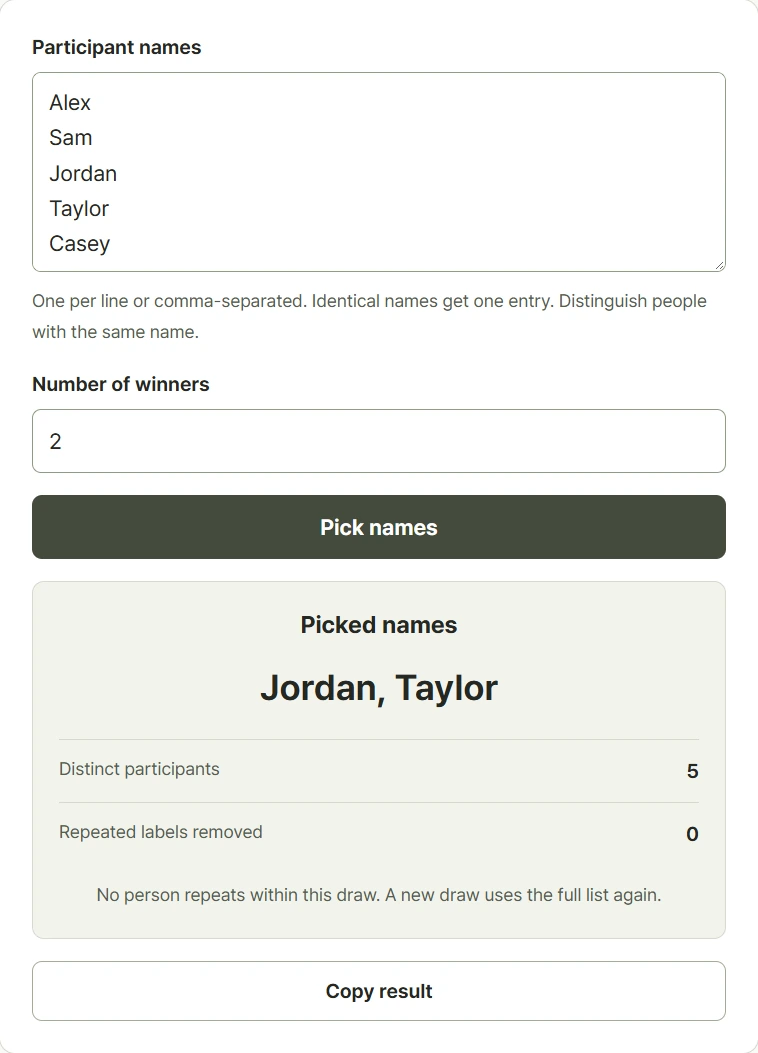 Random name picker with a participant list, selected names, and recent draw history