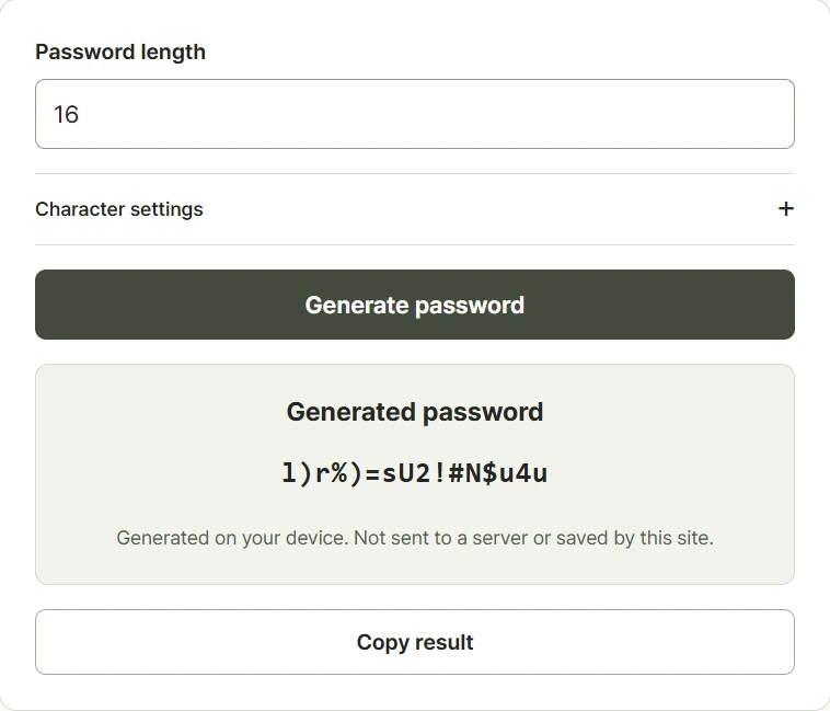 Password generator with a sixteen-character length and selectable character categories