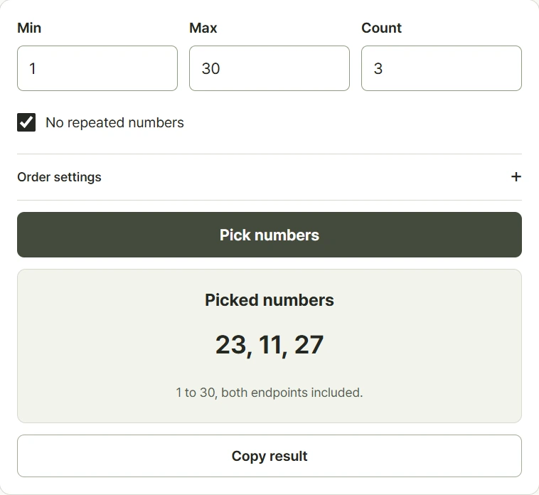 Random number generator with a range of 1 to 30 and three unique picks selected