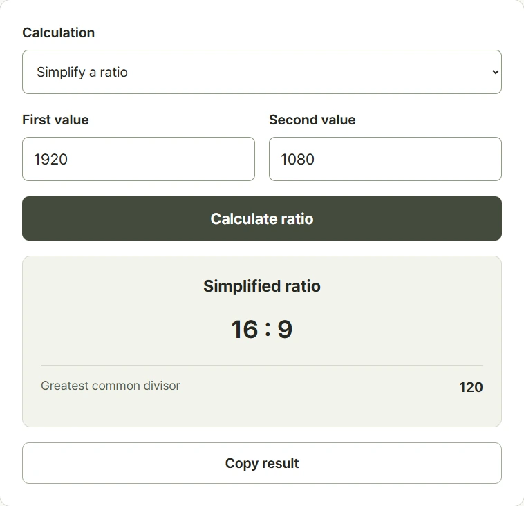 Ratio calculator with original pair inputs and a result for simplification or proportional resizing