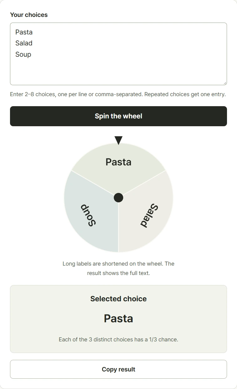 Random wheel spinner with custom choices and the selected result shown below the wheel