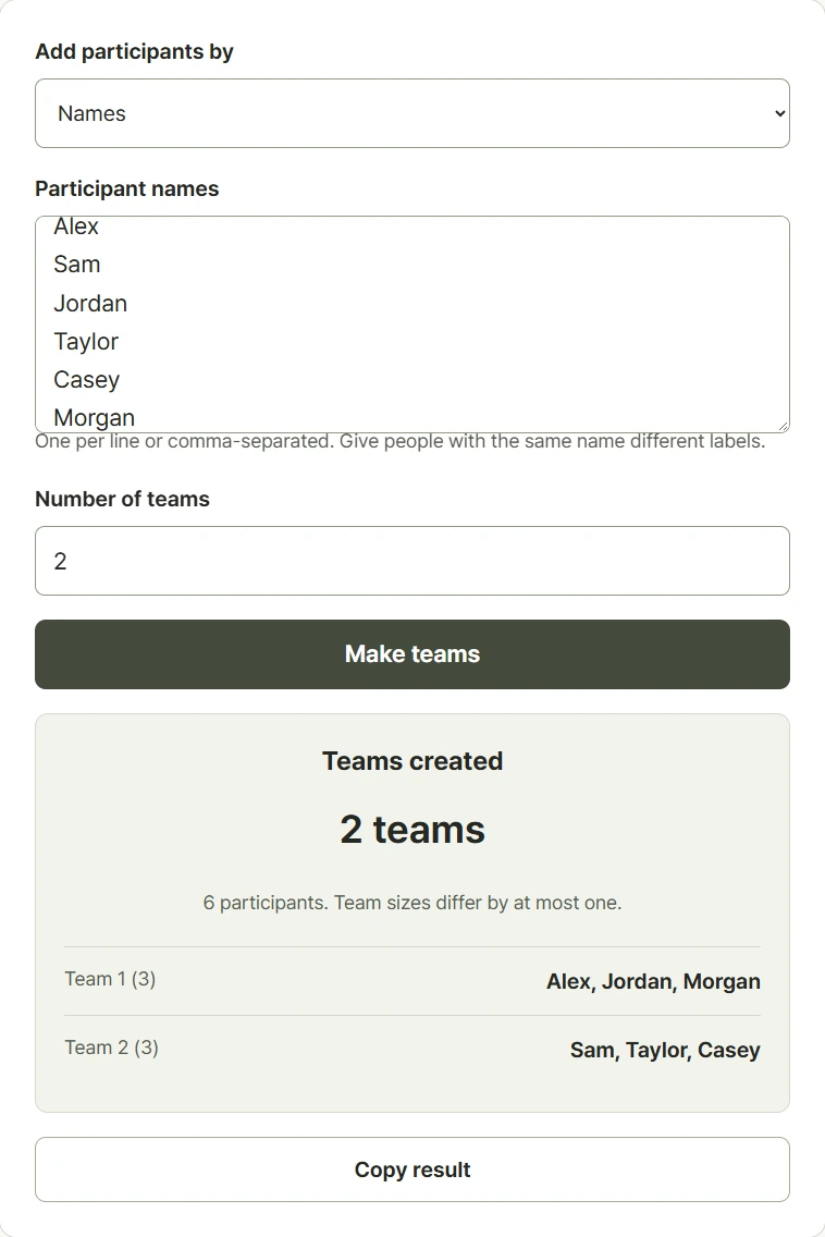 Six participant names entered into the random team generator and divided into two teams