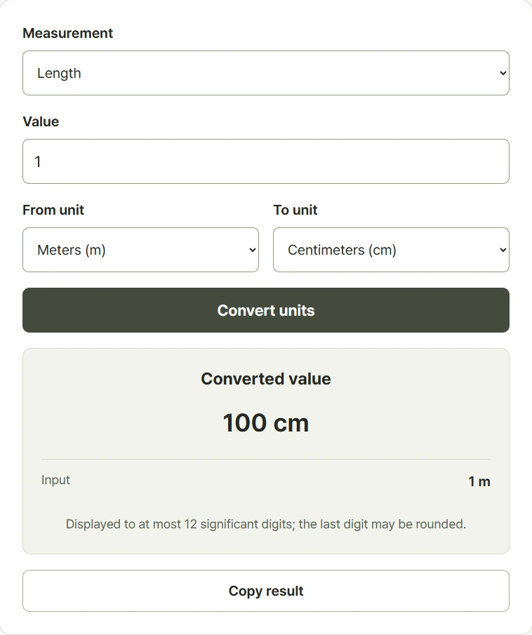 Unit converter with a measurement category, input value, source unit, and destination unit