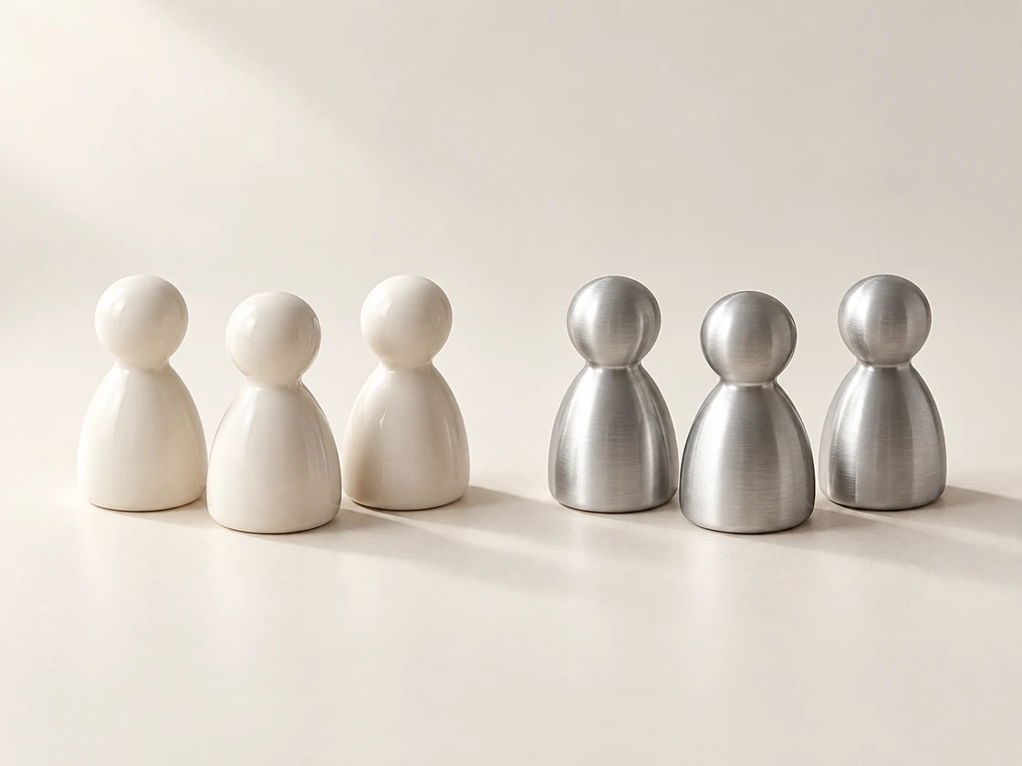 아이보리와 은색 말 여섯 개를 세 개씩 두 팀으로 나눈 팀 짜기 이미지