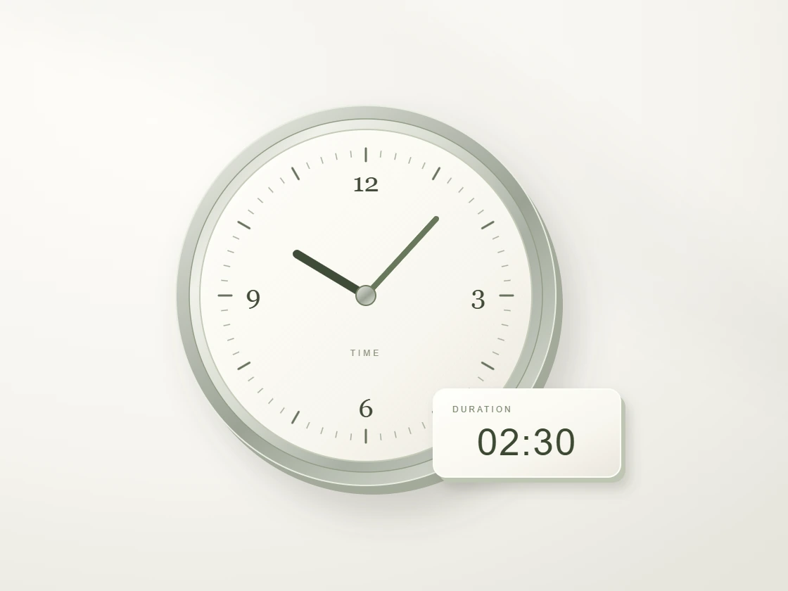 A silver clock beside cards showing a shift in time